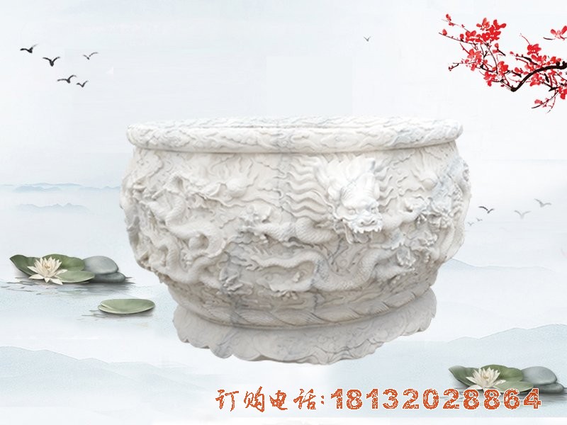 汉白玉荷花(huā)缸雕塑 龙浮雕石水缸